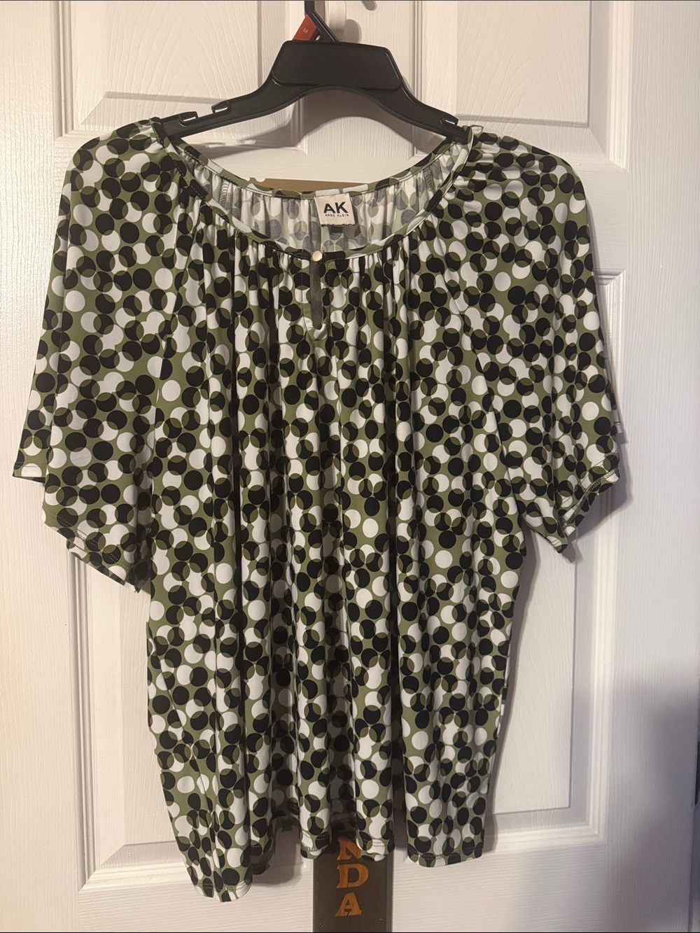 AK Anne Klein Signature Olive Green and White Geometric Print Women's Top